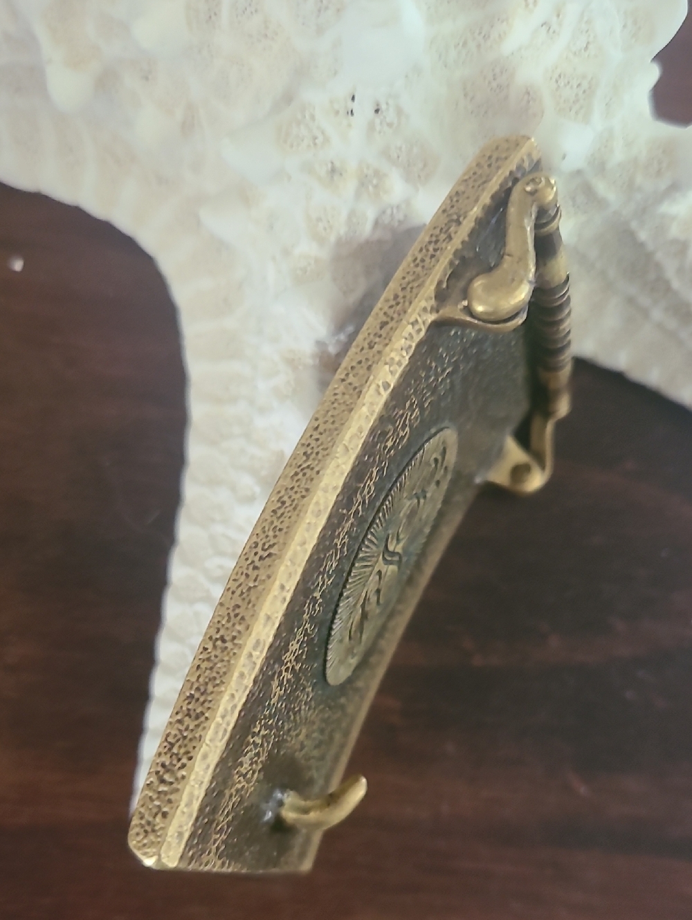 Vintage 70's-80's Turquoise & Mother Of Pearl Wood & Brass Belt Buckle - Picture 5 of 8